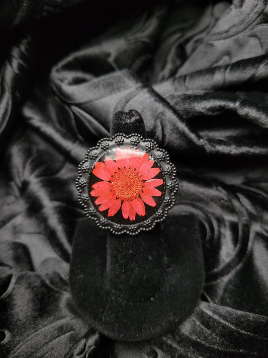 Goth Black and Red Daisy Adjustable Resin Ring