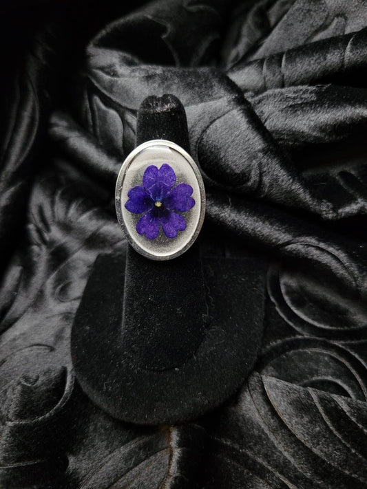 Stainless Steel Goth Purple Verbena Flower Resin Ring